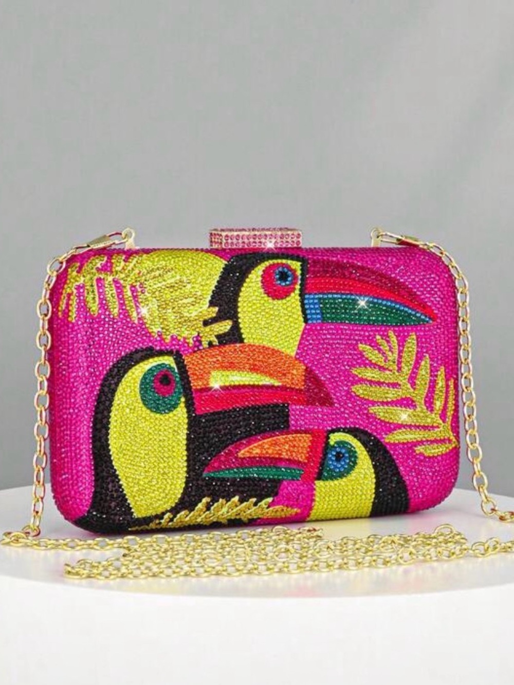 Crystal-Embellished Pink Toucan Evening Clutch